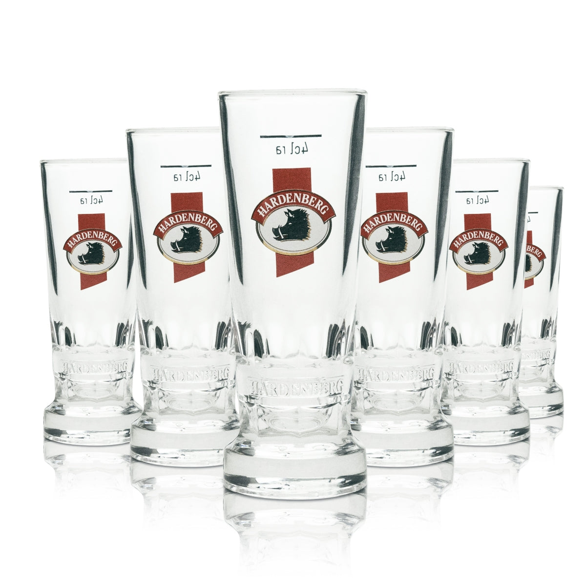 6x Hardenberg schnapps glass shot, elongated, red logo, 4cl Rastal