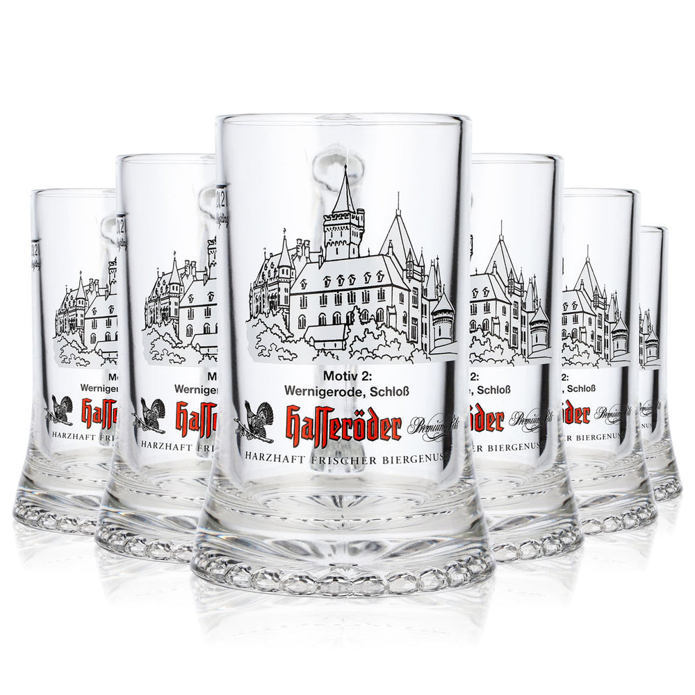 6 Hasseröder Beer Glasses, 0.2 L, Design 2: Wernigerode Castle (Set of 6)