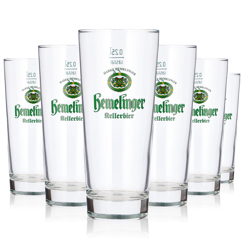 6 Hemelinger Beer Glasses, 0.25 L, Long Drink, Green Logo, Rastal Kellerbier (Set of 6)