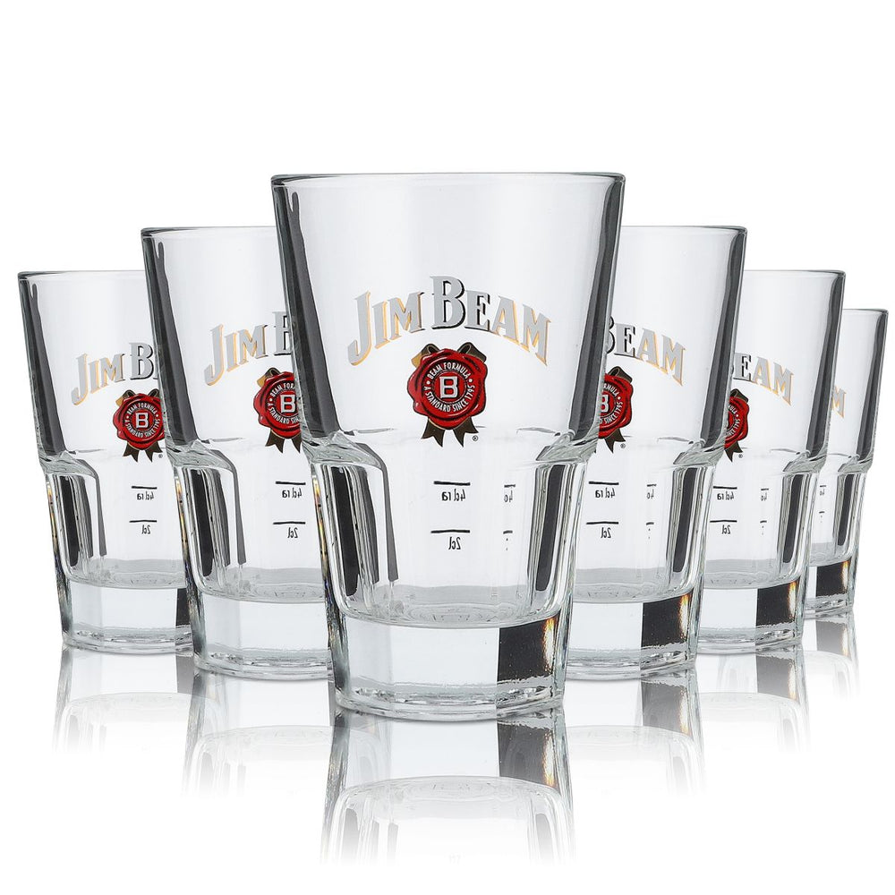 6x Jim Beam Whiskey Glasses Long Drink Glass Red Emblem Bottom Signing
