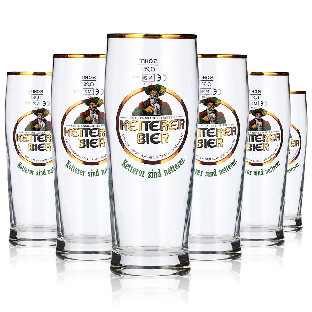 6 Ketterer Beer Glasses, 0.25 L, Gold-Rimmed "Sahm Trumpf" Beer Glasses