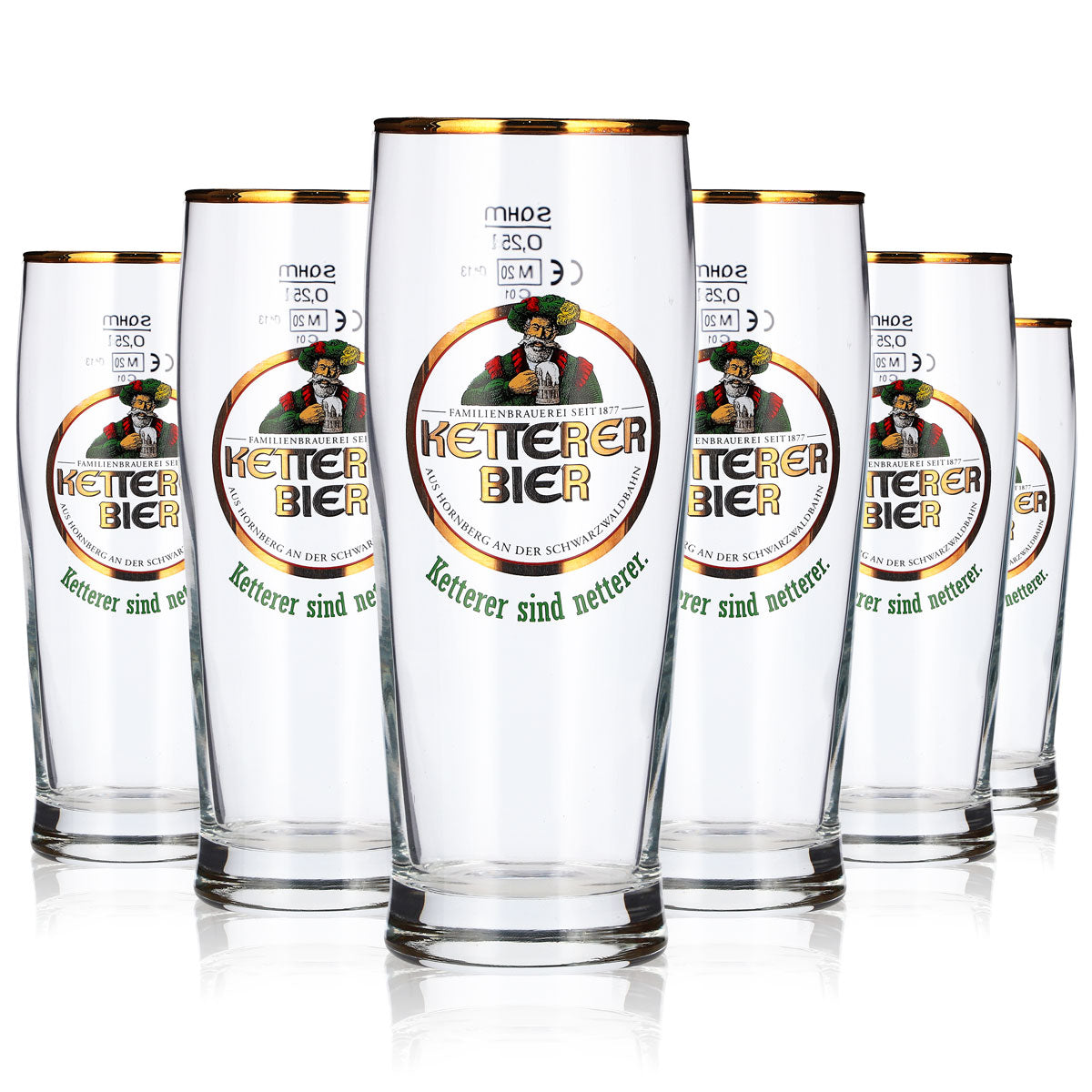 6 Ketterer Beer Glasses, 0.25 L, Gold-Rimmed "Sahm Trumpf" Beer Glasses