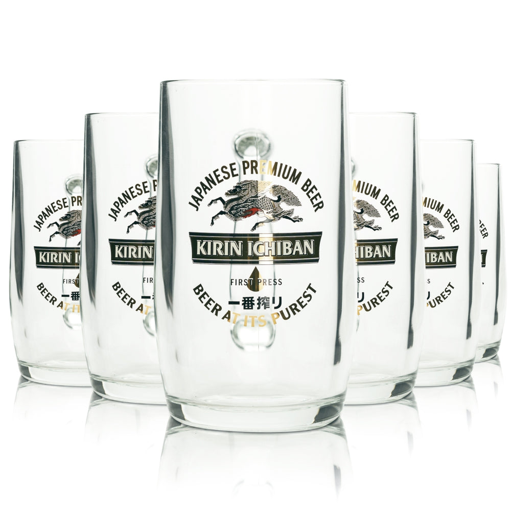 6x Kirin Ichiban Beer Glass 0.5l Mug Japanese Beer Tankard Glasses Handle Collector