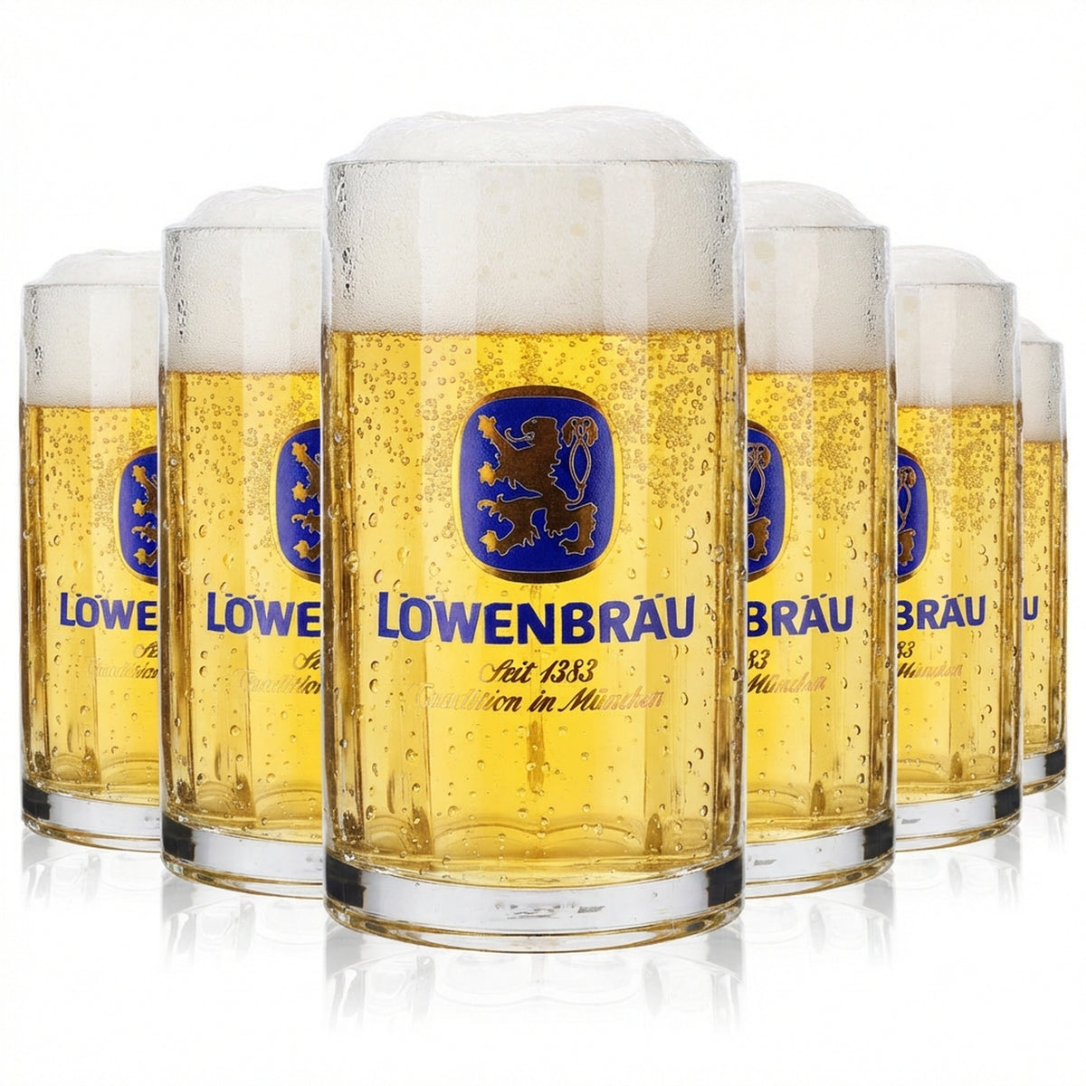 6x Löwenbräu beer glasses, 0.4 l mug, Seidel tankard, Moldau, B-grade