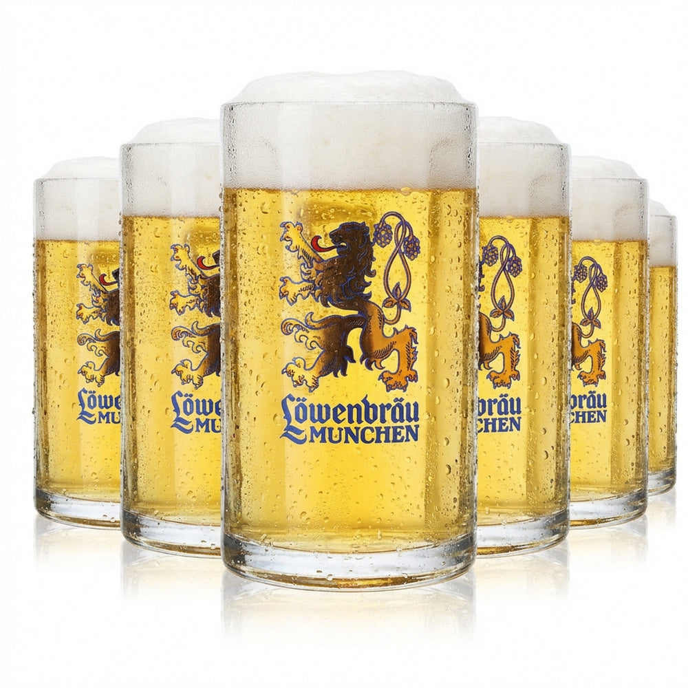 6x Löwenbräu beer glasses, 0.5 l, golden lion mug with large logo, Sahm Moldau