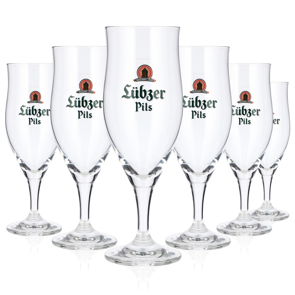 6 Lübzer Beer Glasses, 0.25 L, Tulip-Shaped, Green Logo, Ritzenhoff Beer Glass