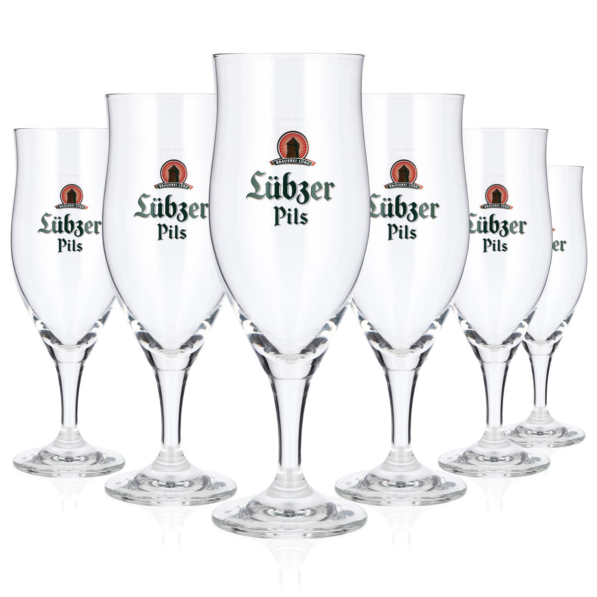 6 Lübzer Beer Glasses, 0.25 L, Tulip-Shaped, Green Logo, Ritzenhoff Beer Glass