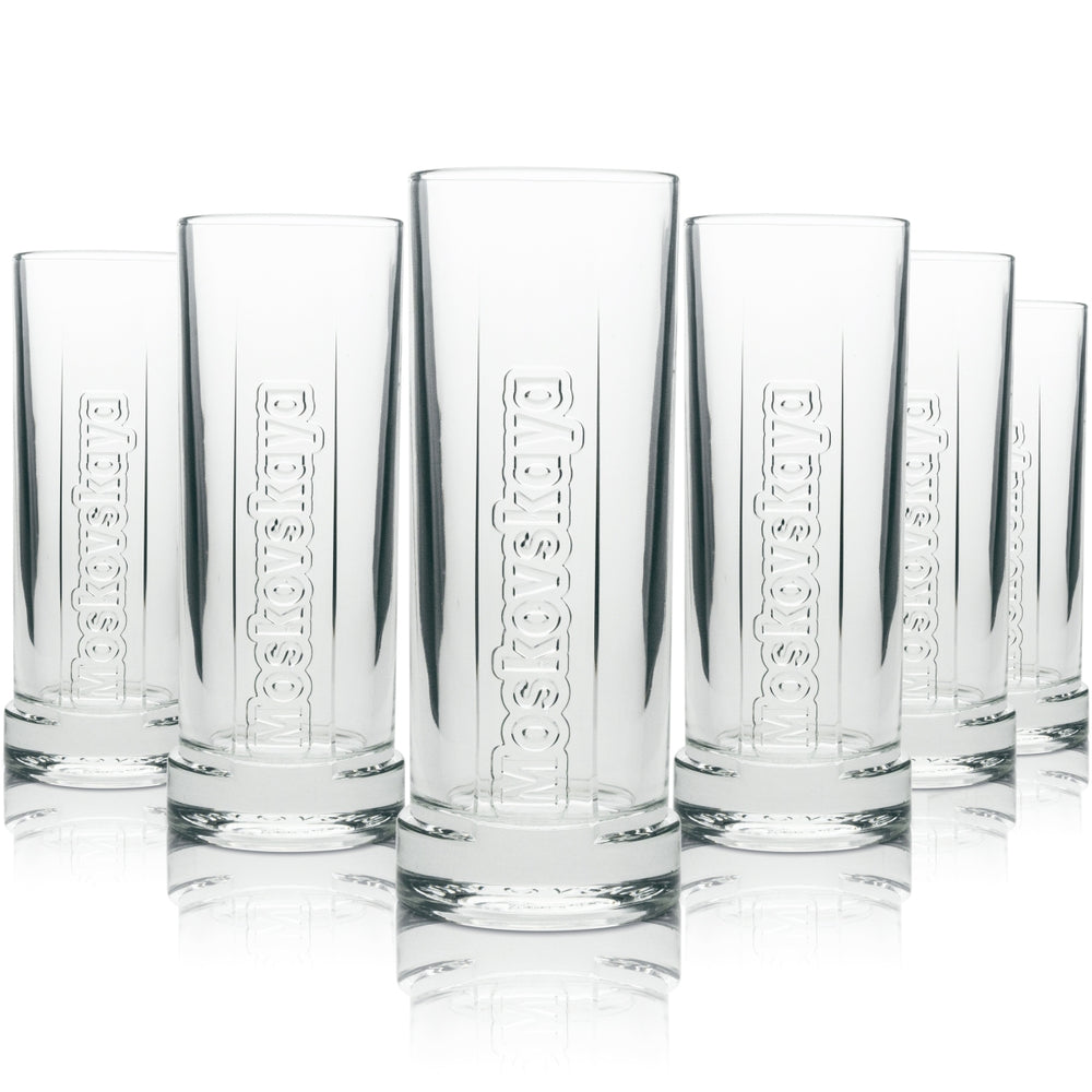 6x Moskovskaya Vodka Long Drink Glass with Relief Design, 300 ml, Rastal