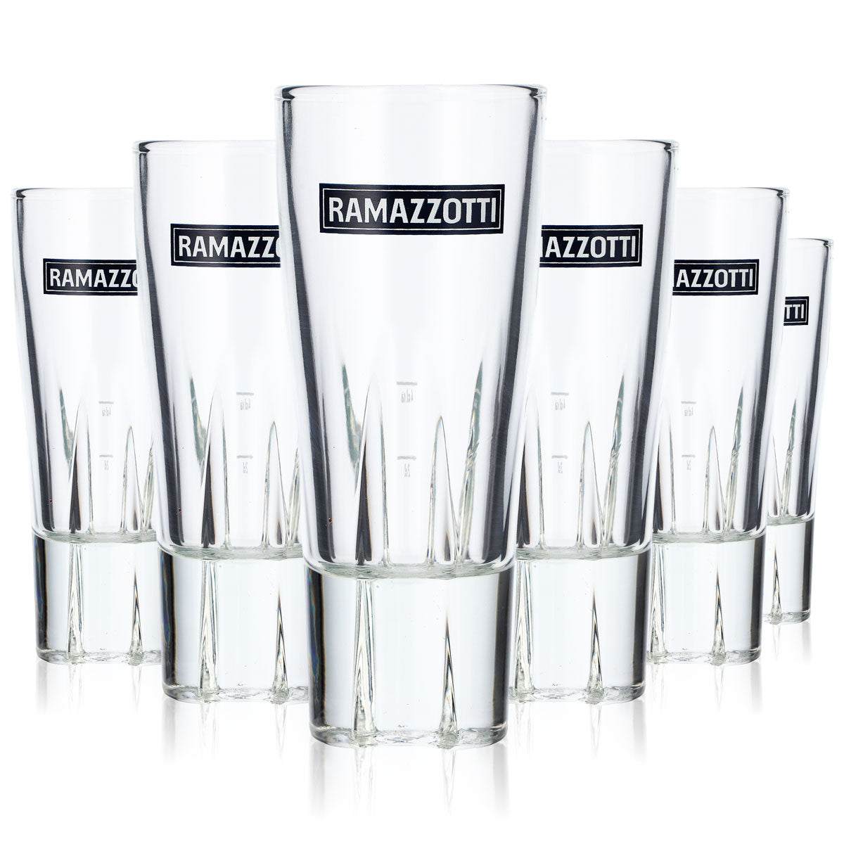 6 Ramazzotti Liqueur Glasses 0.15l Longdrink Glasses Horizontal Logo on Top New + 6 Stirrers