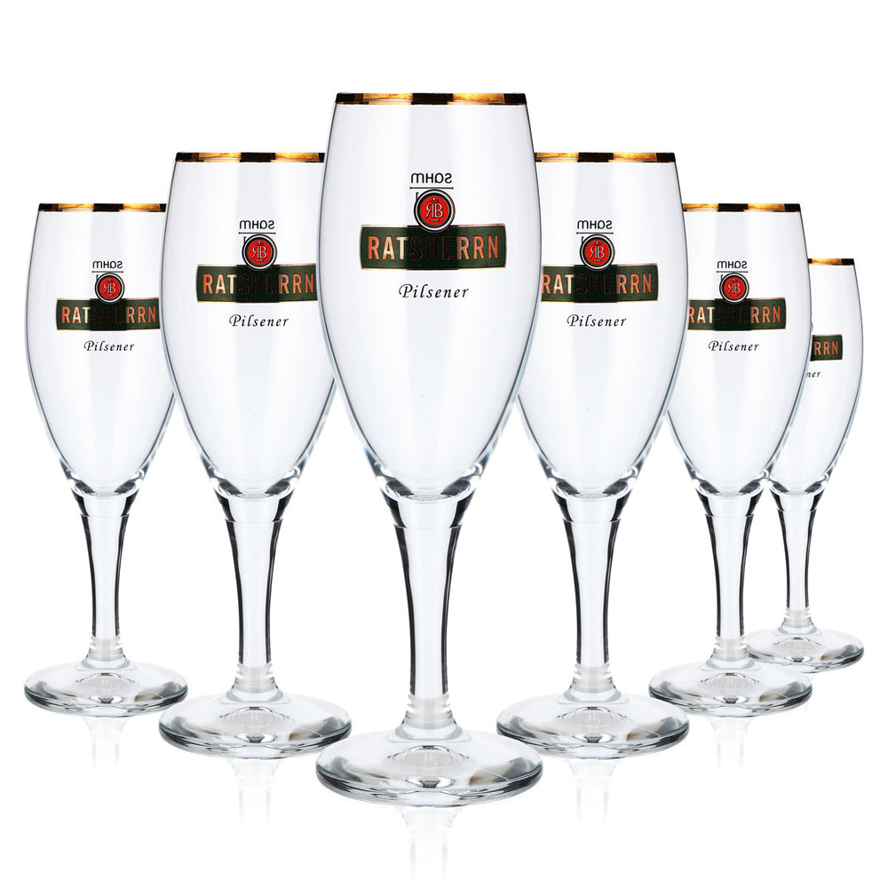 6 Ratsherrn Beer Glasses, 0.2 L, Pilsener-Style Goblet, Green Logo, Gold Rim (Set of 6)