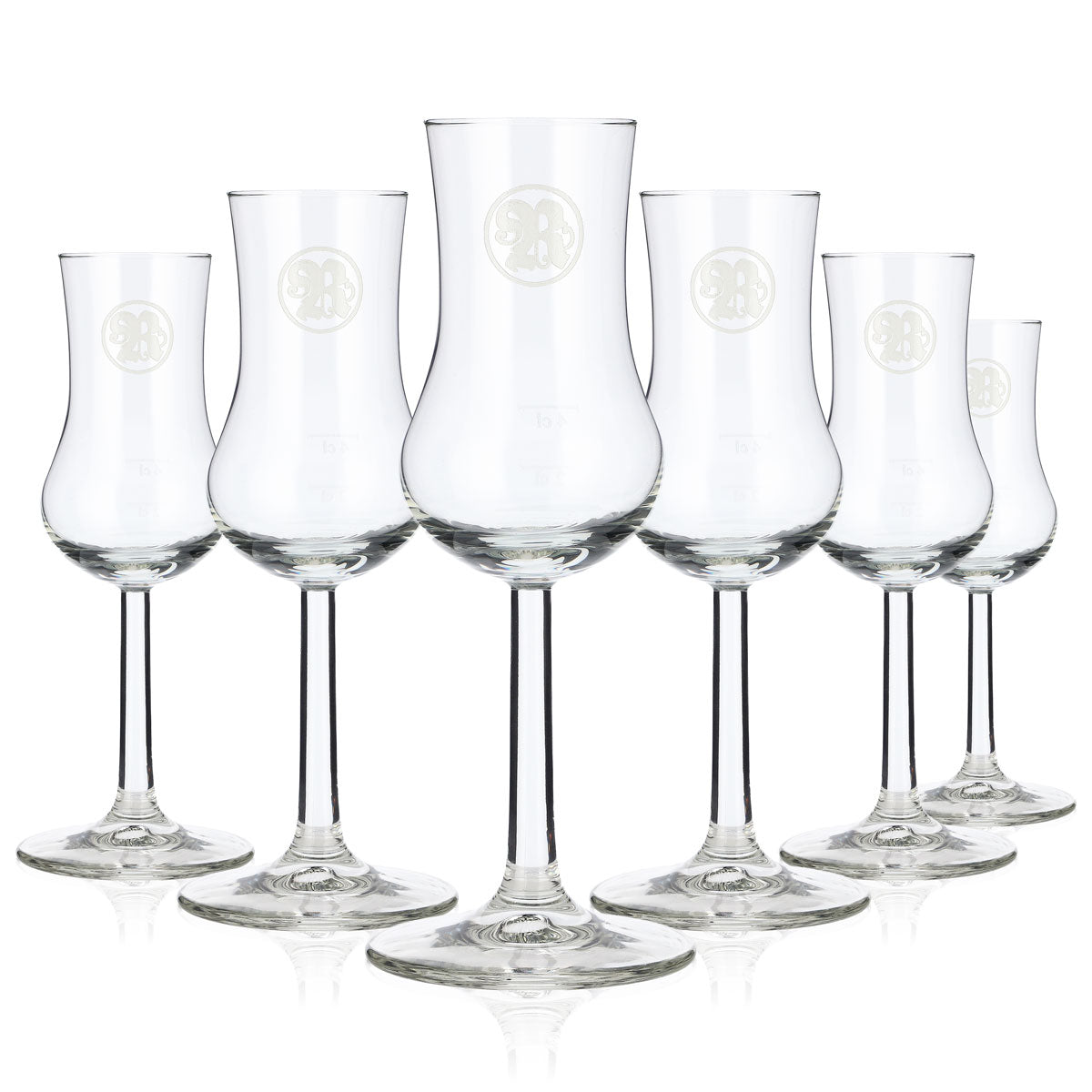 6x Roner Schnaps Shot Glasses Glass 2cl/4cl Grappa Glass "R" Logo White Rastal