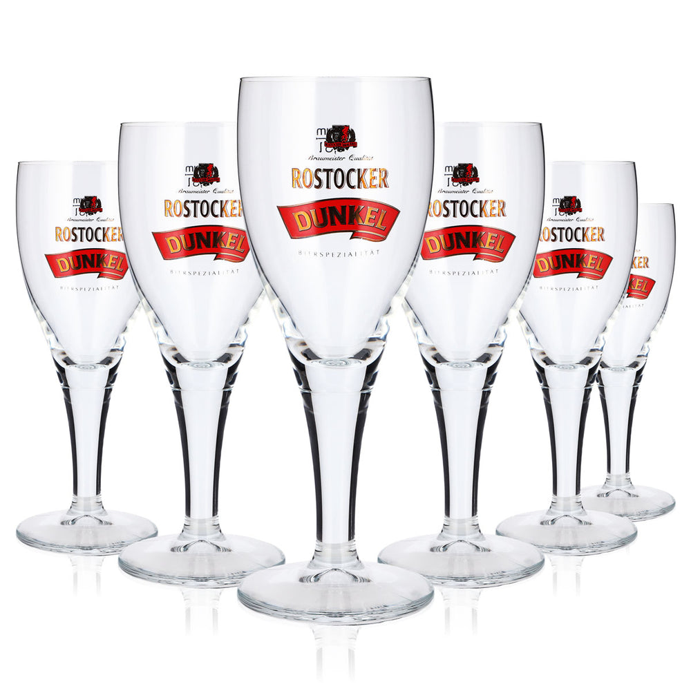 6 Rostock Beer Glasses, 0.3 L, Goblet-Shaped, Dark Red Logo, Sahm