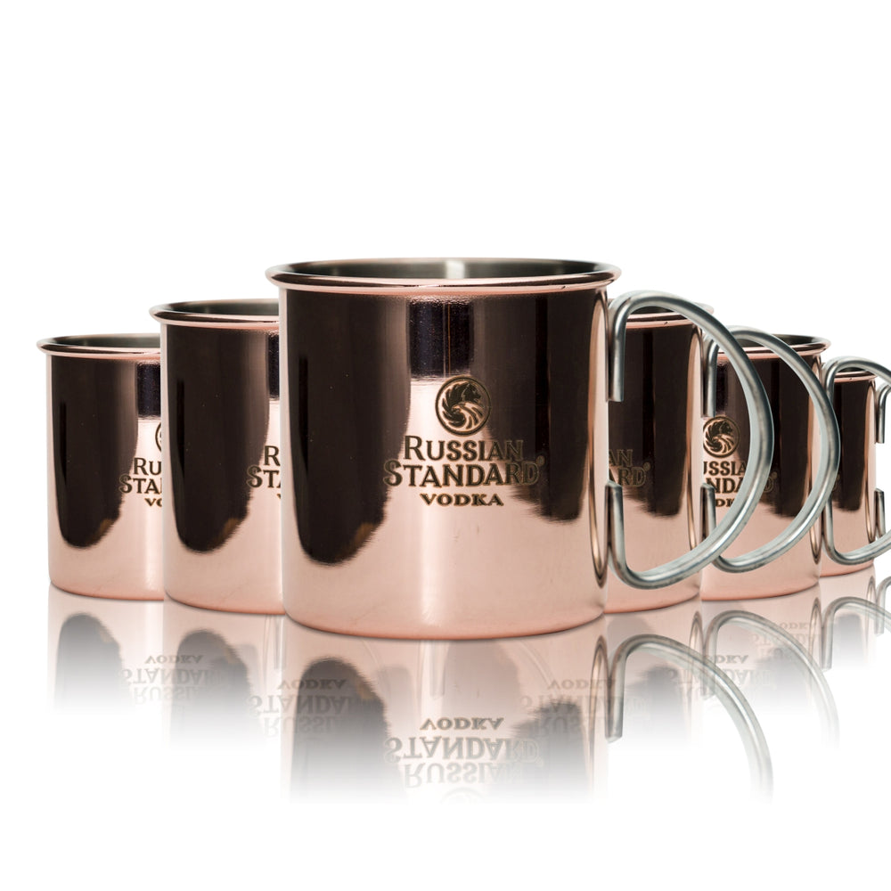6x Russian Standard Vodka Copper Mug 0.3L Glass Handle Moscow Mule Cup Mug