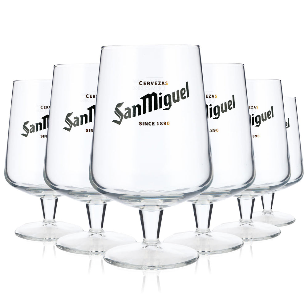 6x San Miguel beer glasses, 0.5l, goblet style, bulbous design, green logo