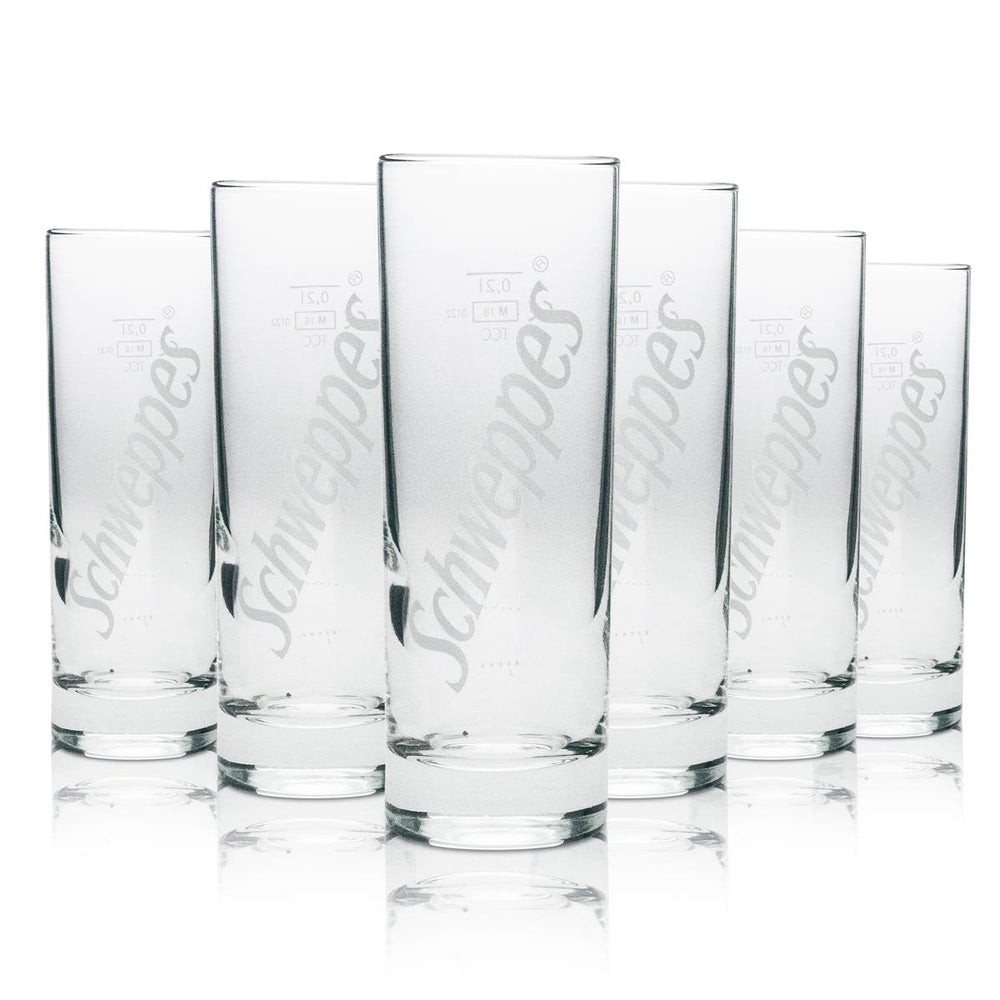 6x Schweppes soft drink glass, long drink, round, white lettering