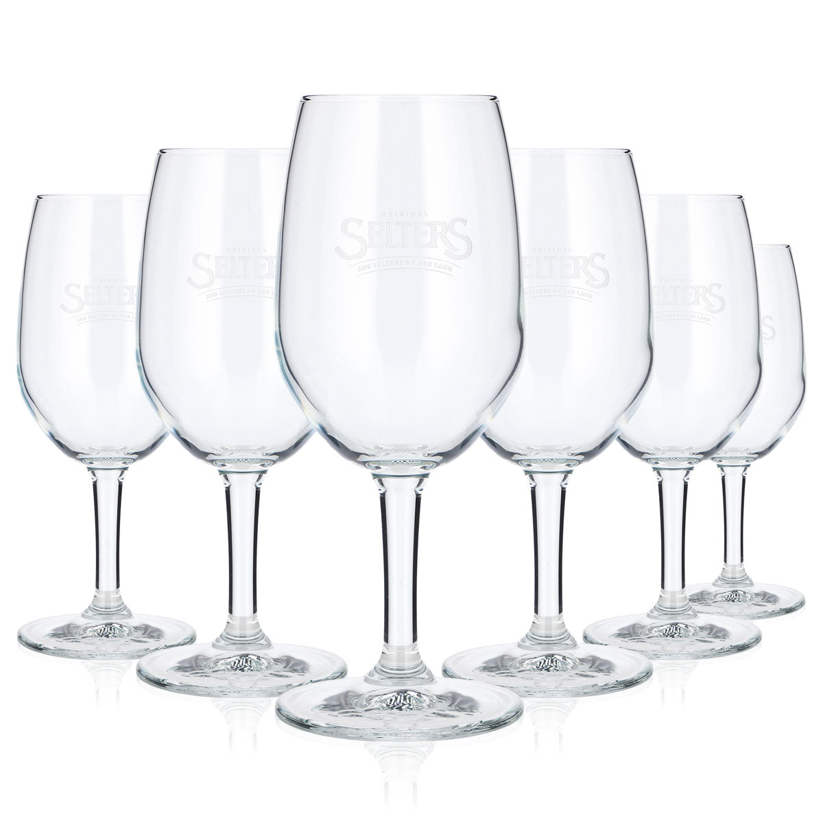 6x Selters Water Glass, 0.3 L, Goblet, Relief, White Logo (Set of 6)