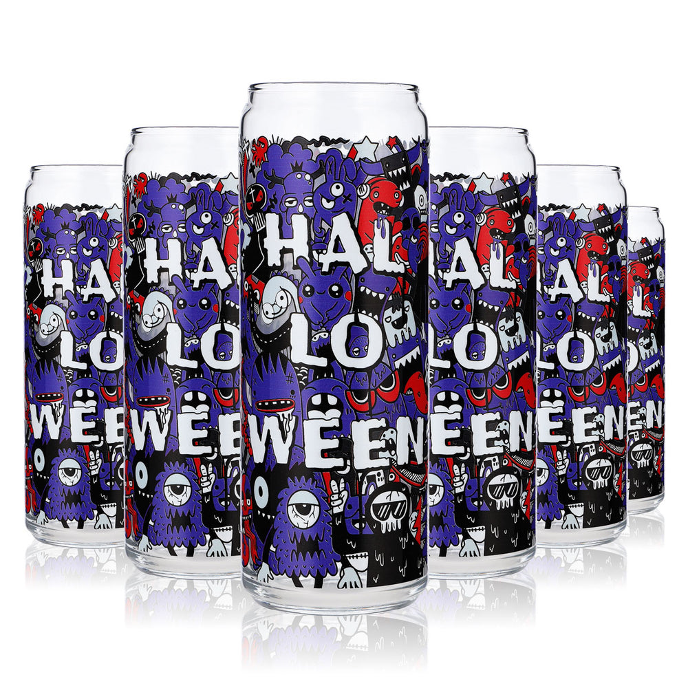 6x Sipply Drinking Glass with Halloween Motif Doodle Purple as UV Print Can Glass 370ml