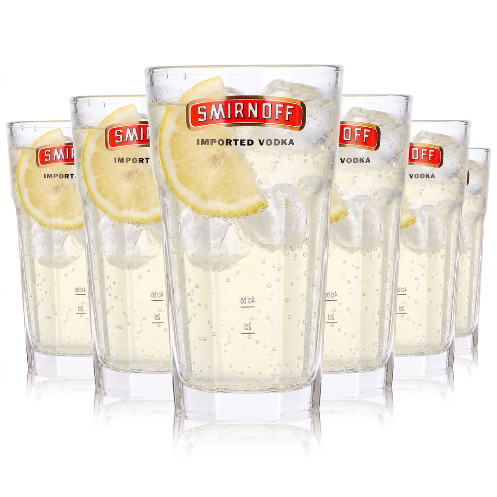 6 Smirnoff Vodka glasses (2 cl) + 4 cl long drink glasses, imported vodka, red logo