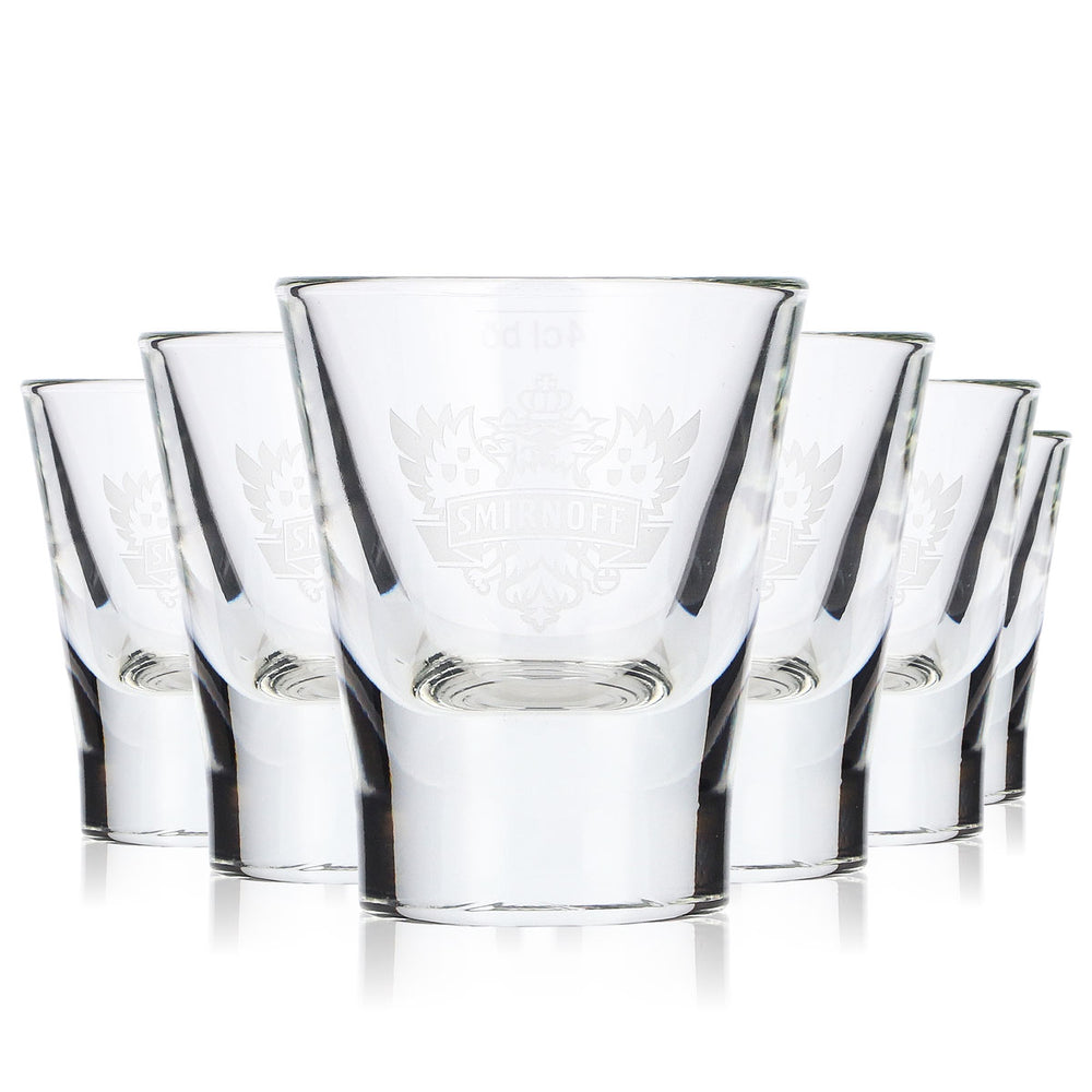6 Smirnoff Vodka glasses (2 cl) + 4 cl shot glasses