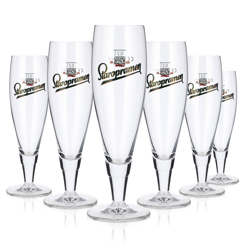 6 Staropramen Beer Glasses, 0.2 L, Goblet-Shaped, Green Logo, Ritzenhoff