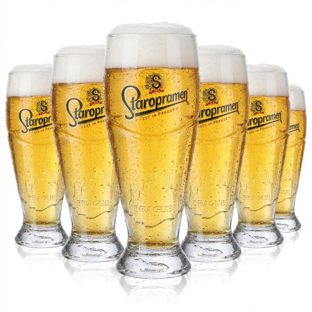 6x Staropramen Beer Relief Glasses Trophy Glass 0.3l Tumblers Prague Skyline