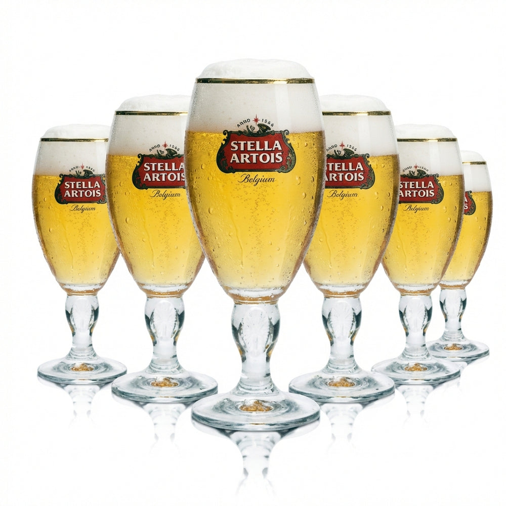 6x Stella Artois Beer Glass 0.25l Goblet Cup Tulip Gold Rim Design Stem Glasses Bar