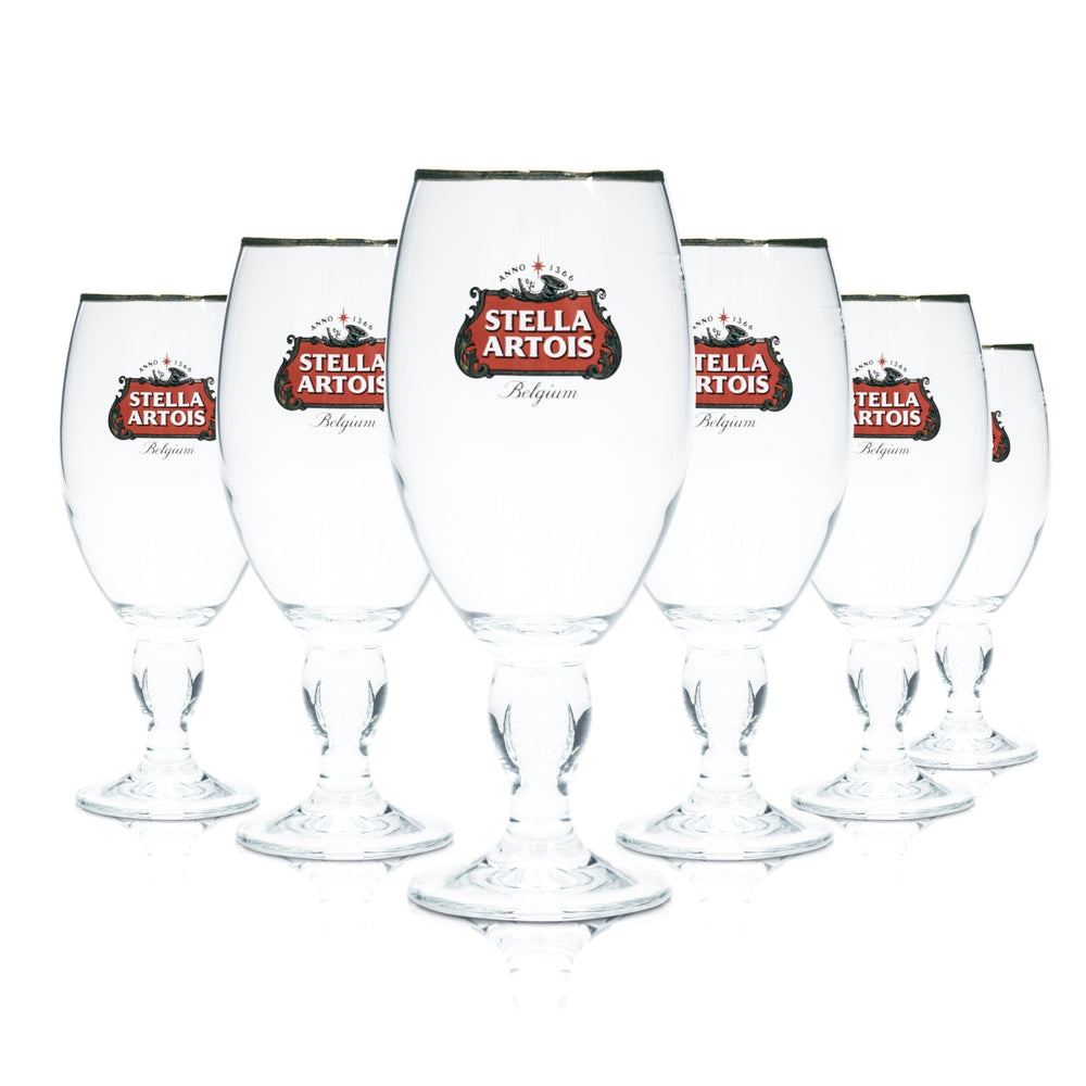 6x Stella Artois Beer Glass 0.33l Goblet Tulip Cup Gold Rim Design Stem Glasses Bar