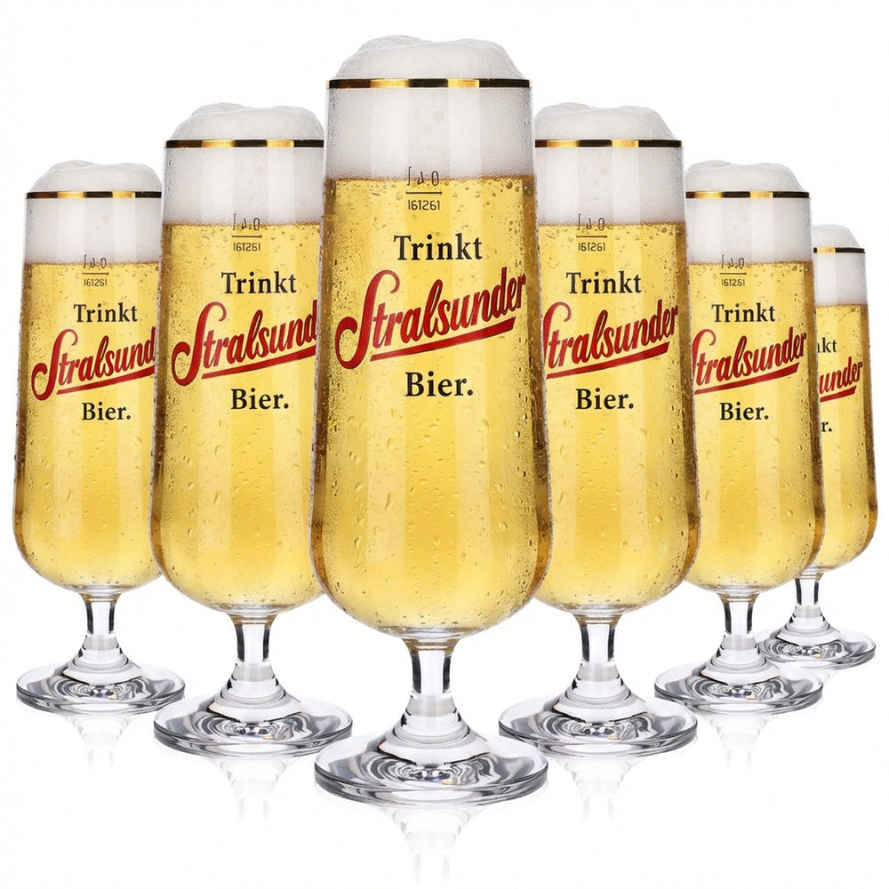 6x Stralsunder glass 0.4l gold rim beer trophy glasses set, Pilstulpe Hanse Brewery