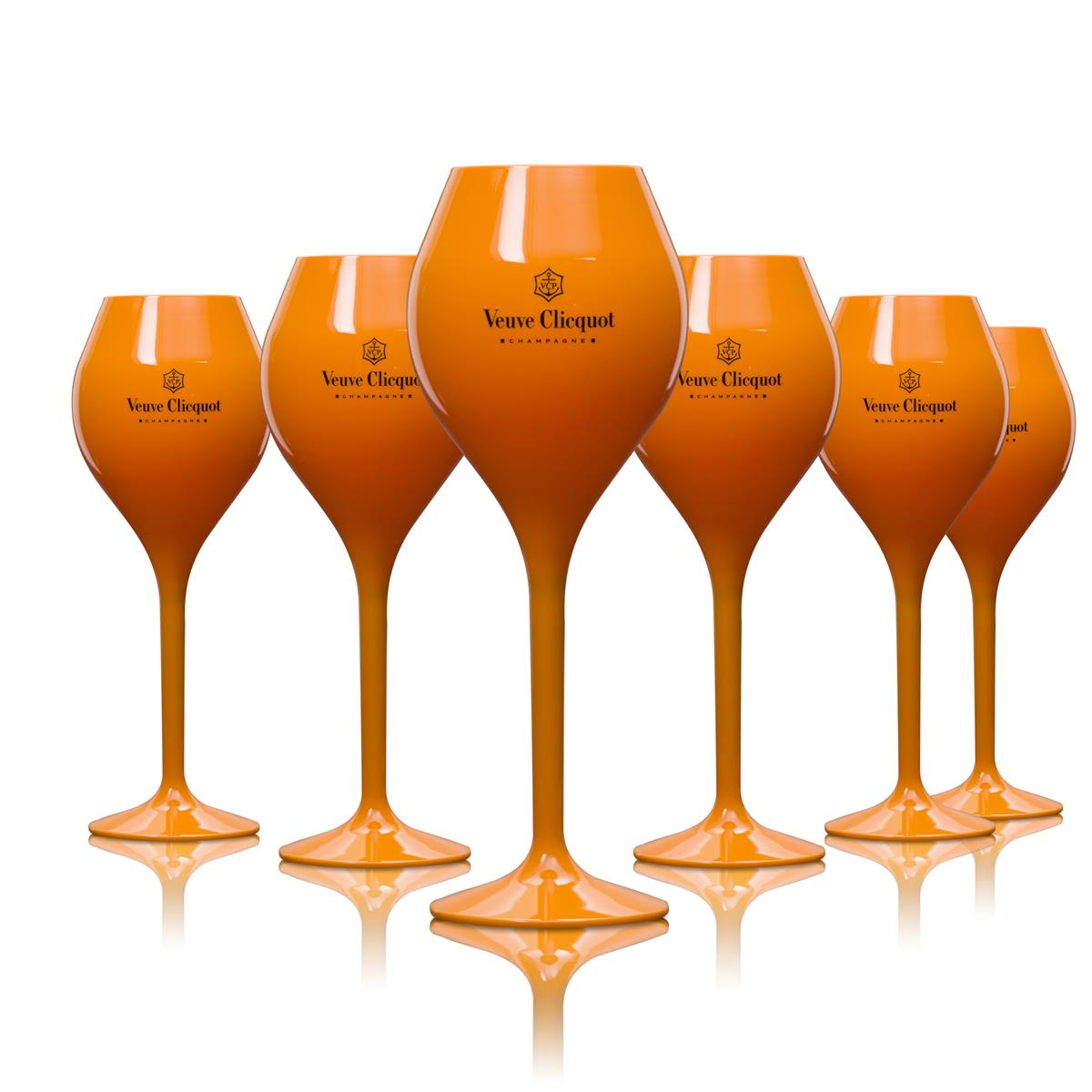 6x Veuve Clicquot Champagne Glass Orange Plastic Goblet Thin