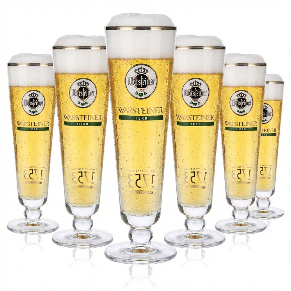 6x Warsteiner beer glasses, 0.2 l, cup shape, white "Herb" logo, silver rim