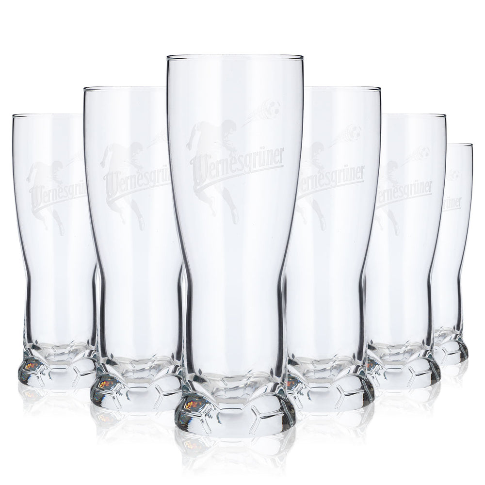 Wernesgrüner Beer Glass, 0.37 L, Soccer-Themed Beer Glass with Relief Design (Set of 6)