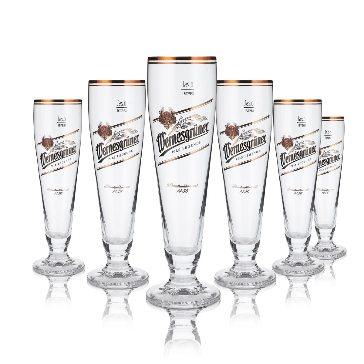 6x Wernesgrüner 0.25l trophy glasses, pilsner glasses with gold rim, brewery set