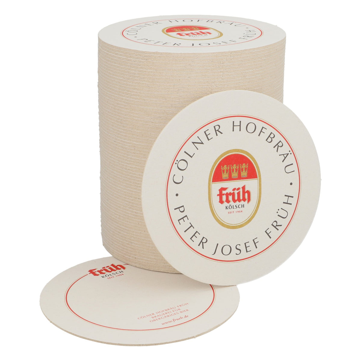 75x Früh Kölsch beer coasters, 4.2 inch diameter, logo with gold border