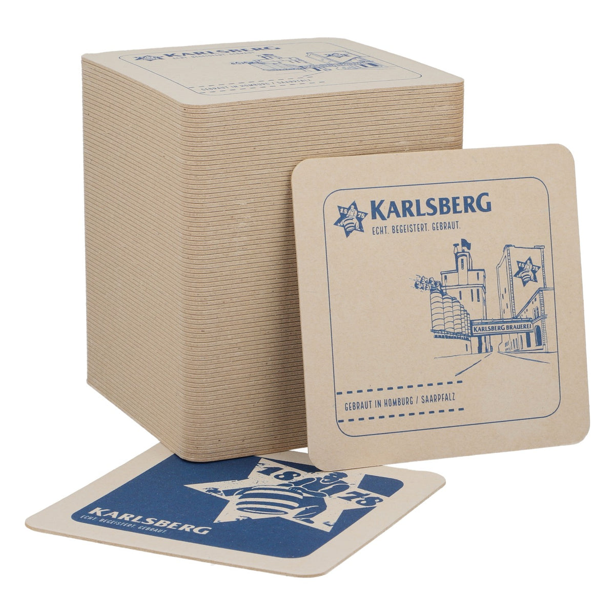 80 Karlsberg beer coasters, glass coasters, bar accessories, castle, blue logo