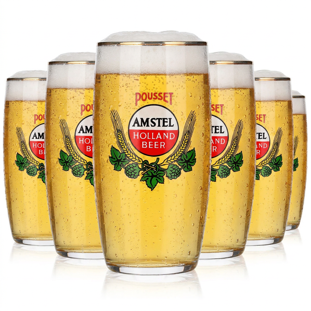 Amstel Holland Beer Glasses, Set of 6, 0.29 L, Vintage Gold Rim, Rare Collector's Glass