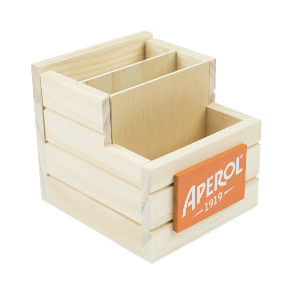 Aperol Spritz table display cutlery, crockery, napkin holder, wooden box, catering