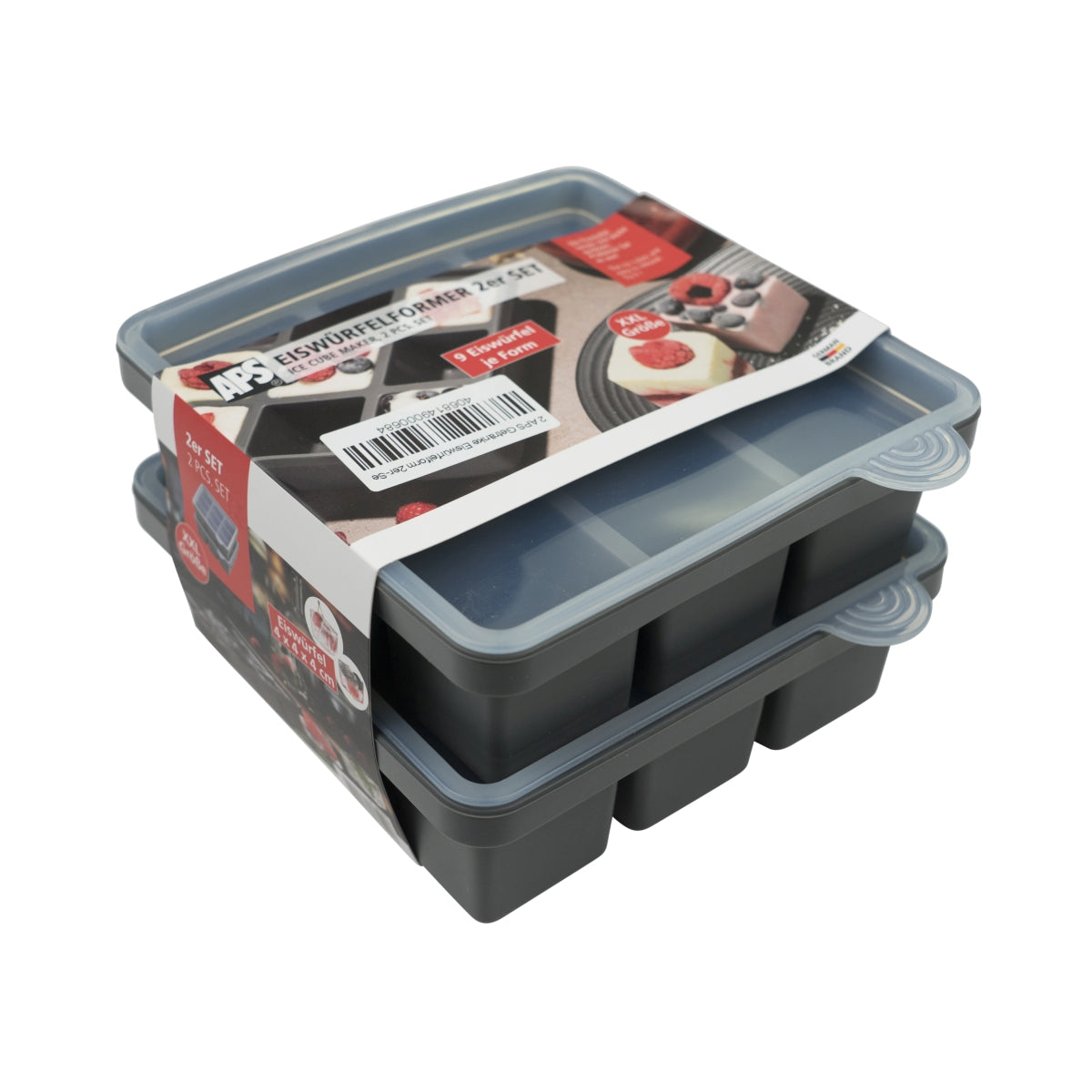 APS Ice cube moulds, set of 2 XL cubes, silicone container with lid, ice cube mould