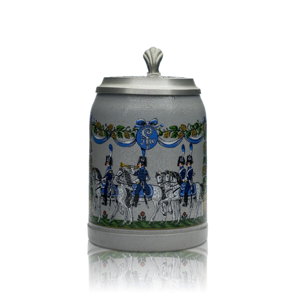 Augustiner collector's glass 0.5l mug with 4 horsemen and pewter lid, Bavaria, rare