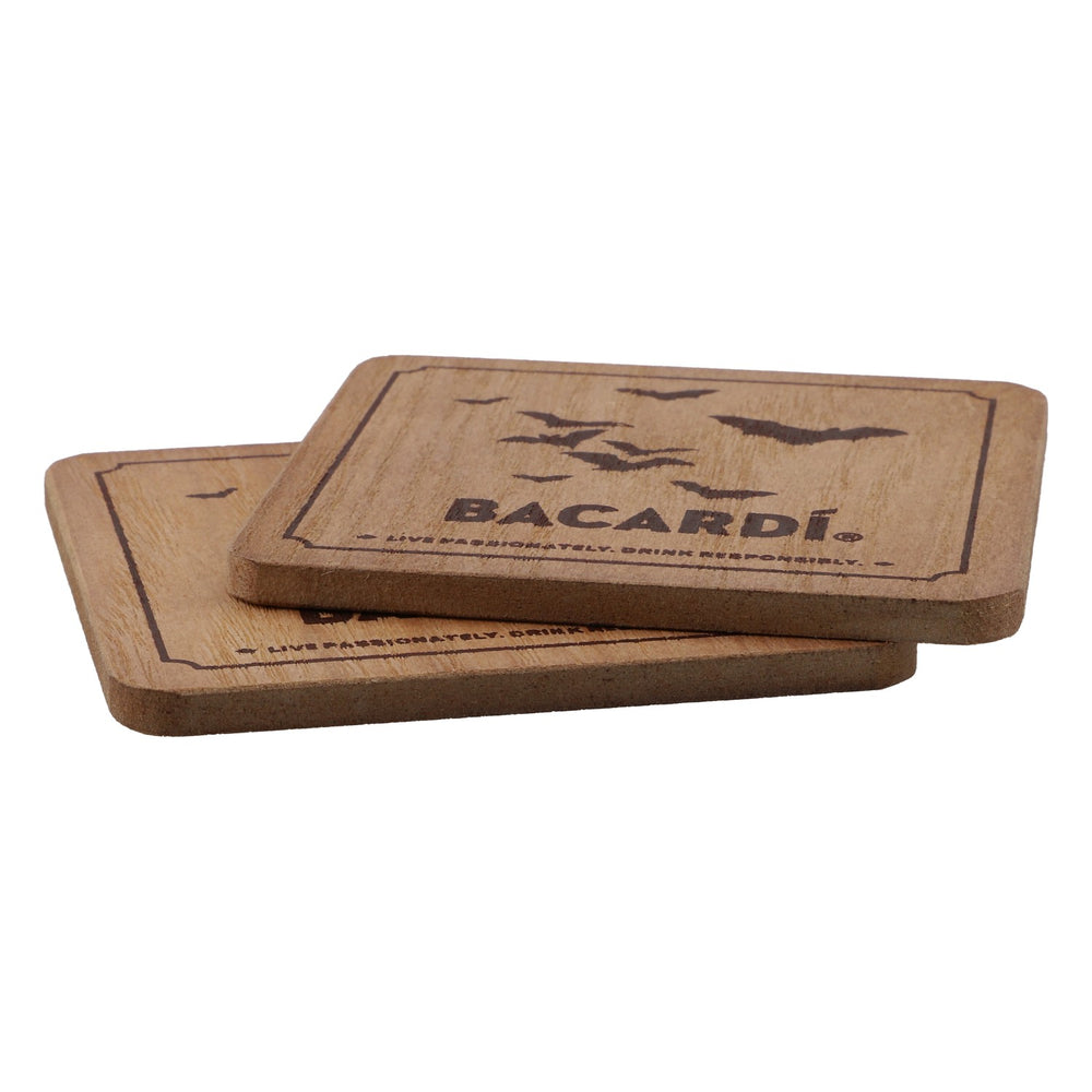 Bacardi Oakheart SET of 2 real wood coasters "Bats"