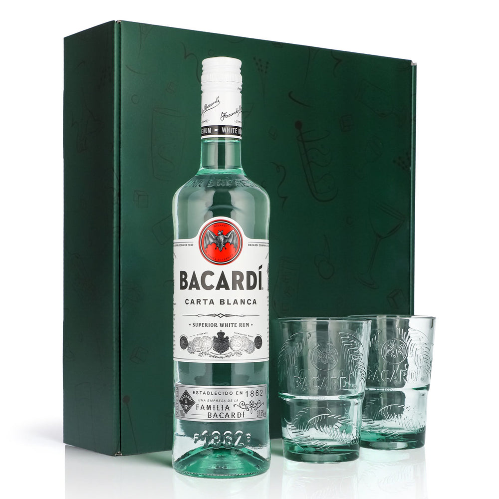 Bacardi Rum Geschenkset 0,7l Flasche 37,5 % Vol. + Longdrink Gläser Palme–grün