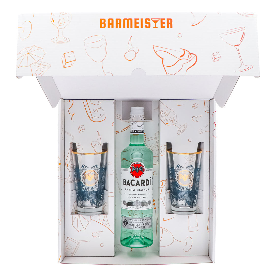 Bacardi Rum Geschenkset 0,7l Flasche 37,5 % Vol. + Longdrink Gläser Goldrand–weiß – Ansicht 5