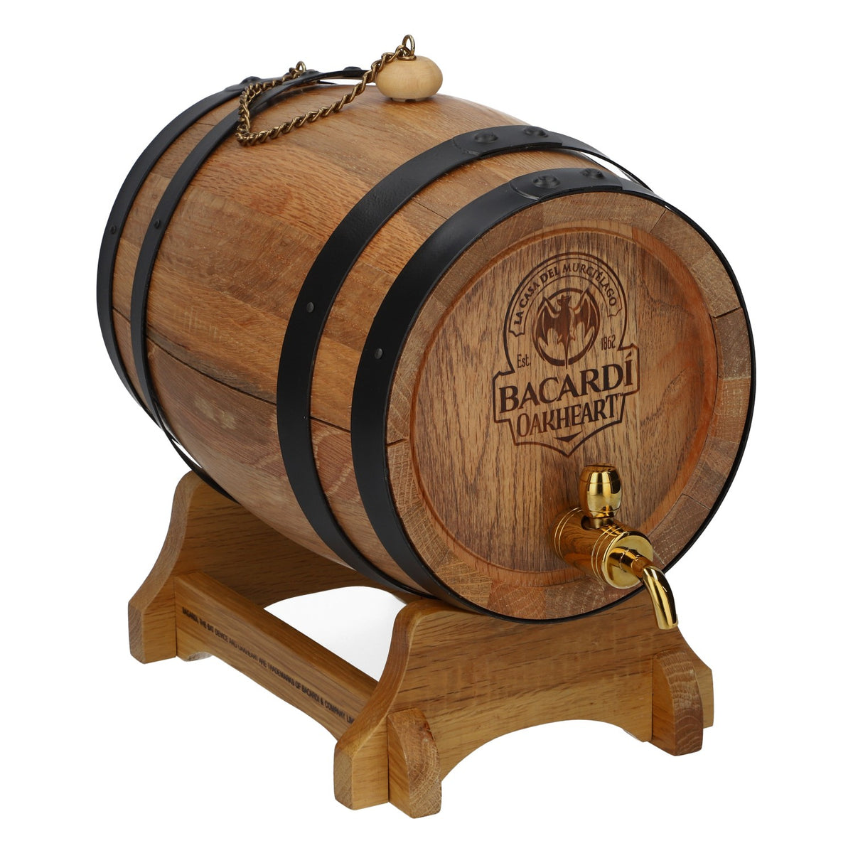 Bacardi Rum 3-Liter Oakheart Wooden Barrel Set with Stand for Filling and Pouring