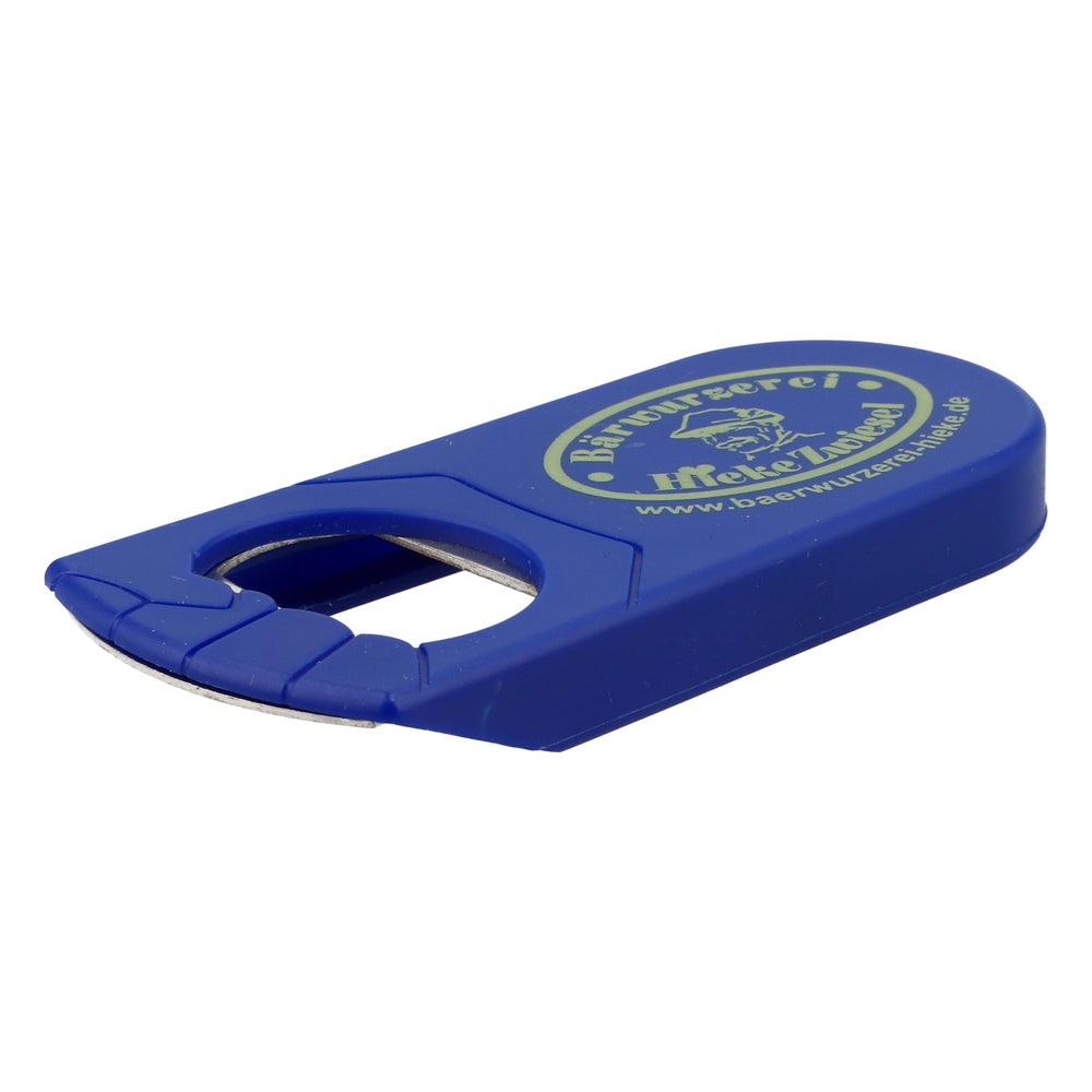 Hieke Zwiesel Liqueur Bottle Opener and Cap Lifter, Blue with Yellow Logo
