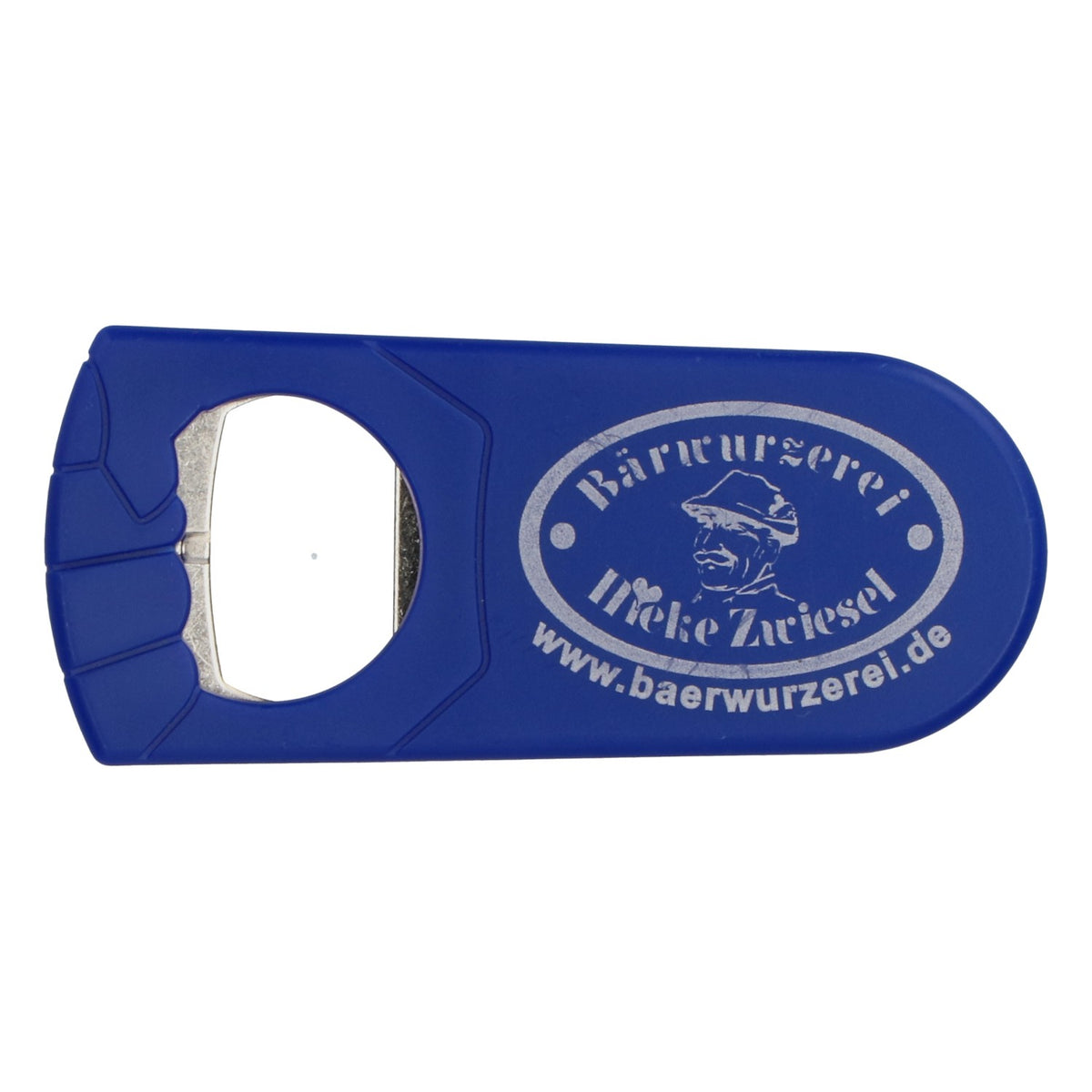 Hieke Zwiesel Liqueur Bottle Opener and Cap Lifter, Blue with Gray Logo – View 2