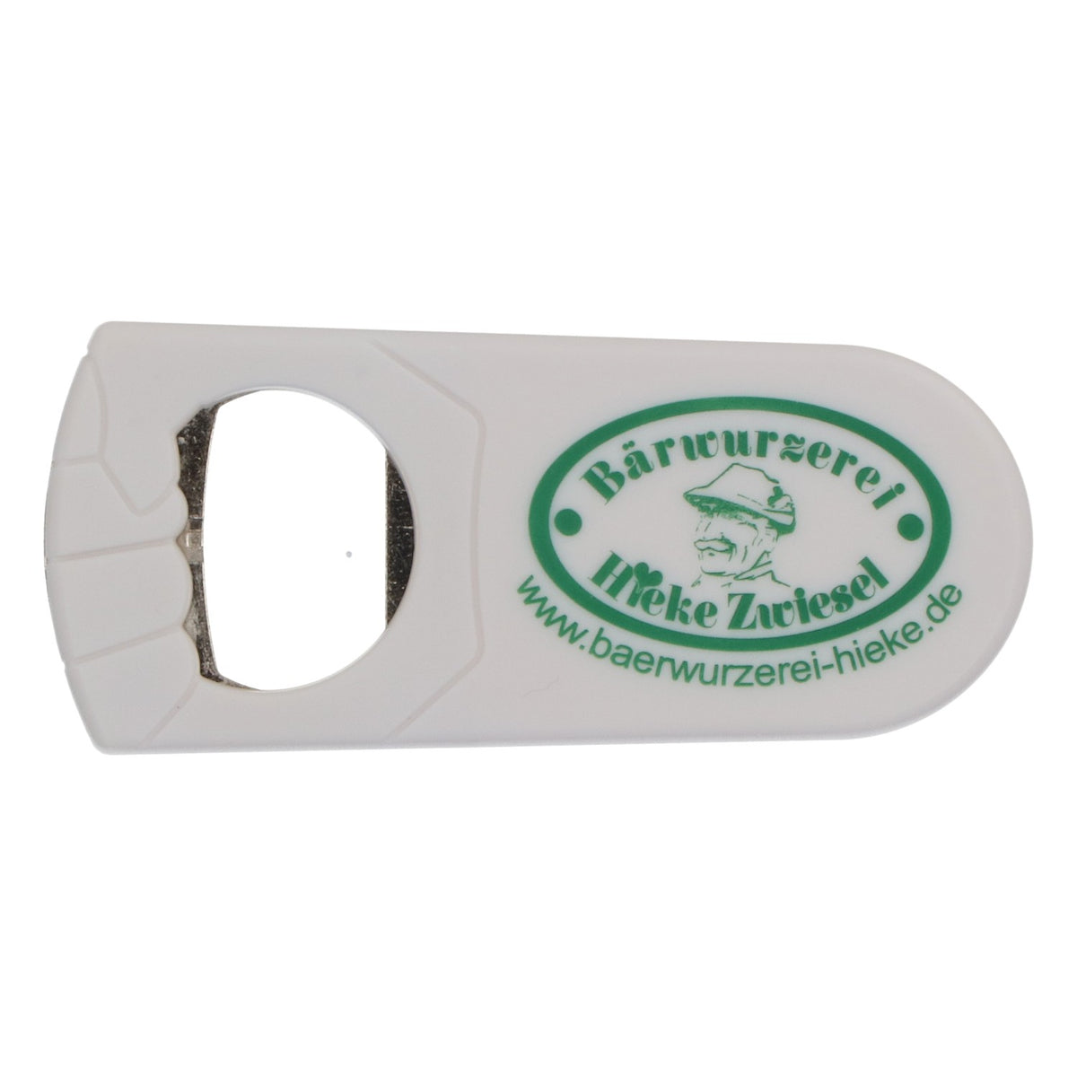 Hieke Zwiesel Liqueur Bottle Opener and Cap Lifter, White with Green Logo – View 2