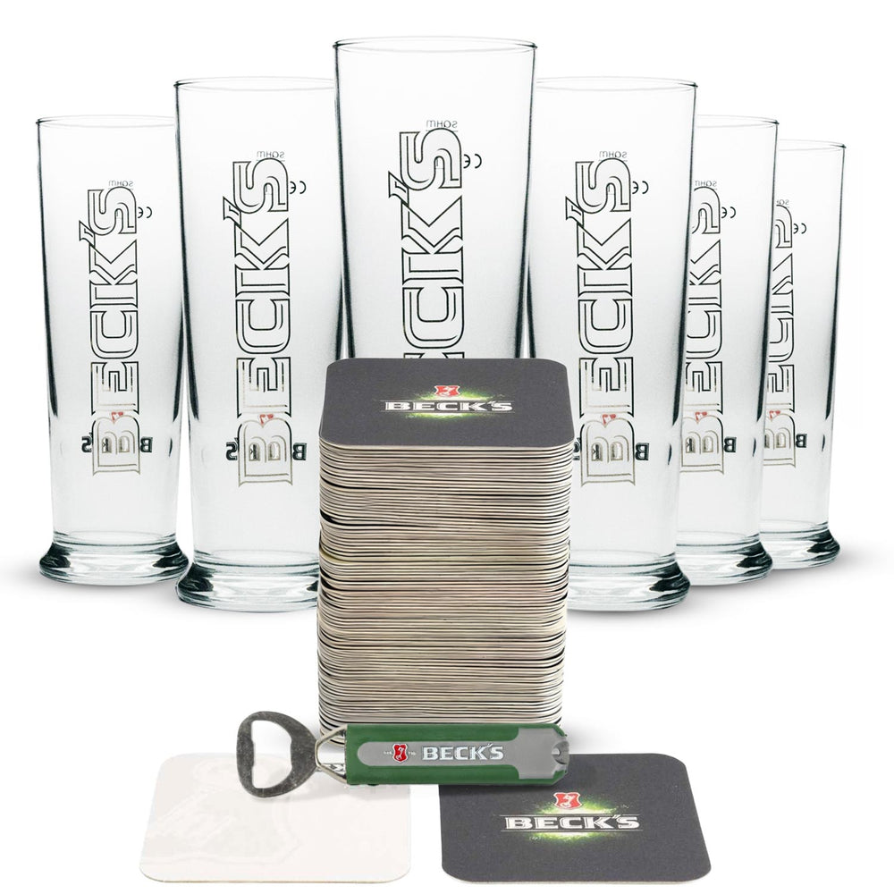 Becks Beer Bar Bundle Set I consisting of 6 beer glasses, beer coasters, and bottle openers