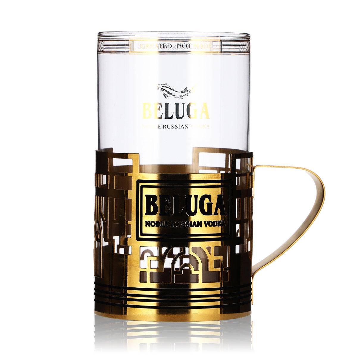 Beluga Vodka Glass, 0.28 L Highball Glass in a Gold-Colored Handle Holder