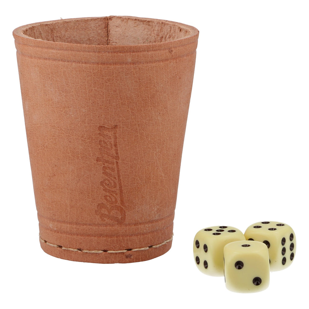 Berentzen Leather Dice Cup with 3 Dice, Brown Logo – Original