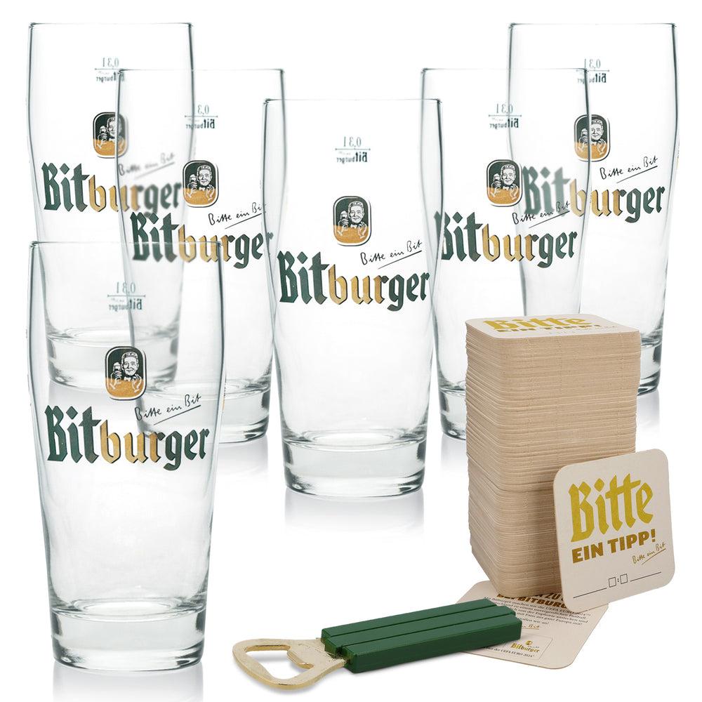 Bitburger Beer Bundle Bar Set I consisting of 6 beer glasses, 1 bottle opener, and beer coasters