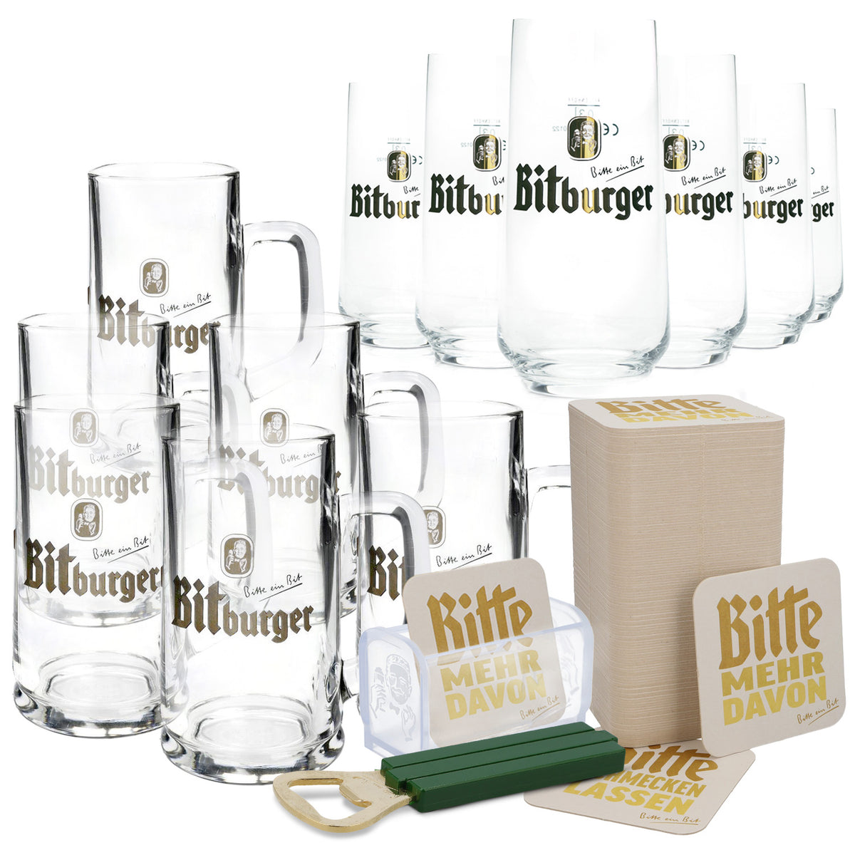Bitburger Beer Bundle Bar Set III consisting of 6 mugs, 6 glasses, bottle opener, and lid holder